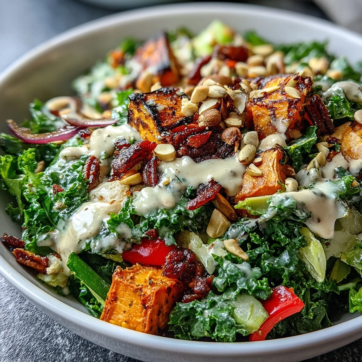 Massaged kale in a Kale Salad Bowl topped with crunchy almonds and pumpkin seeds, ready to serve as a healthy vegan main.