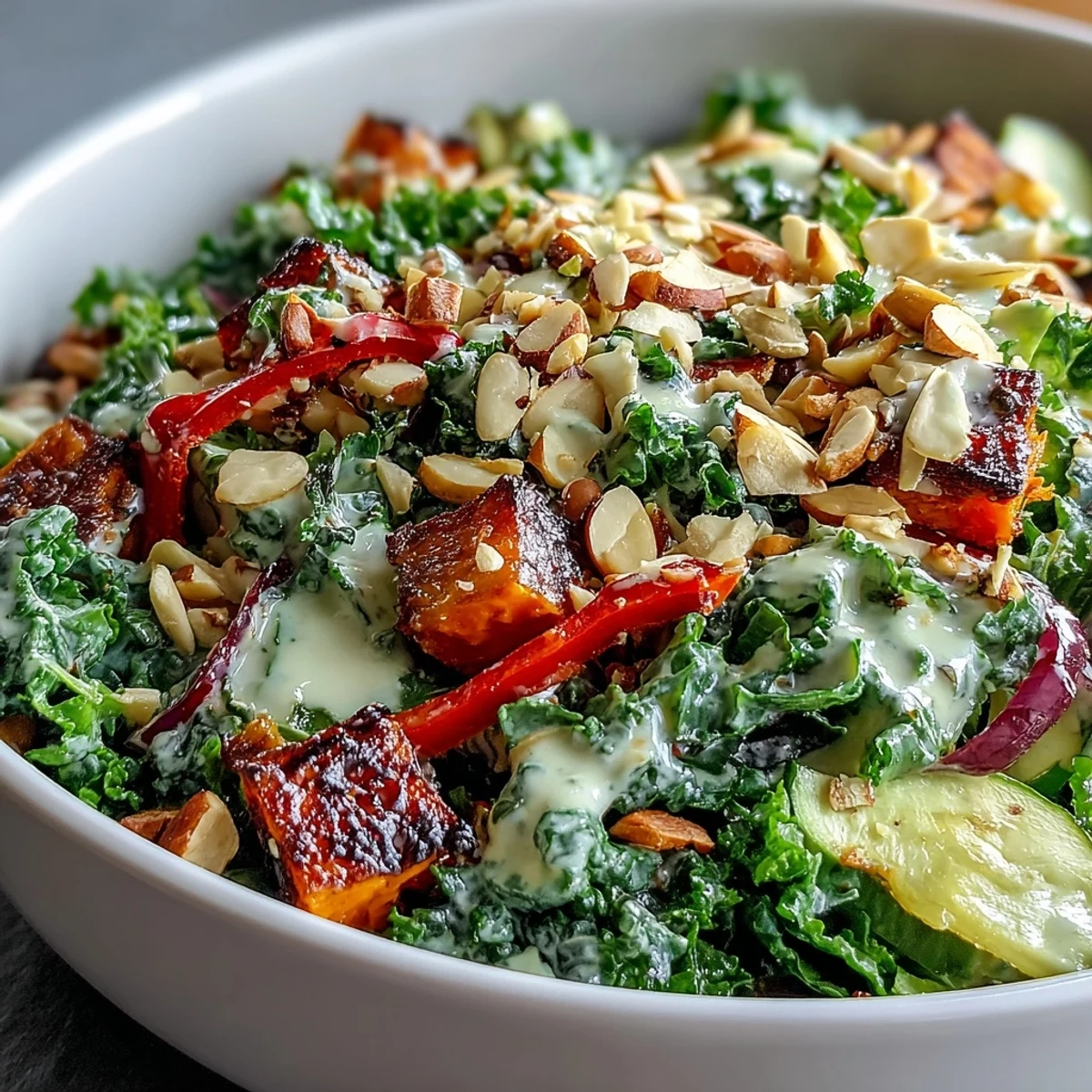 Close-up of a Kale Salad Bowl featuring roasted zucchini and red onion, tossed in tahini dressing and garnished with sunflower seeds.