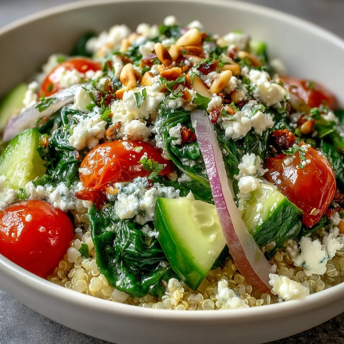 Freshly sautéed spinach and crumbled feta cheese top a colorful medley of grains and bright vegetables.