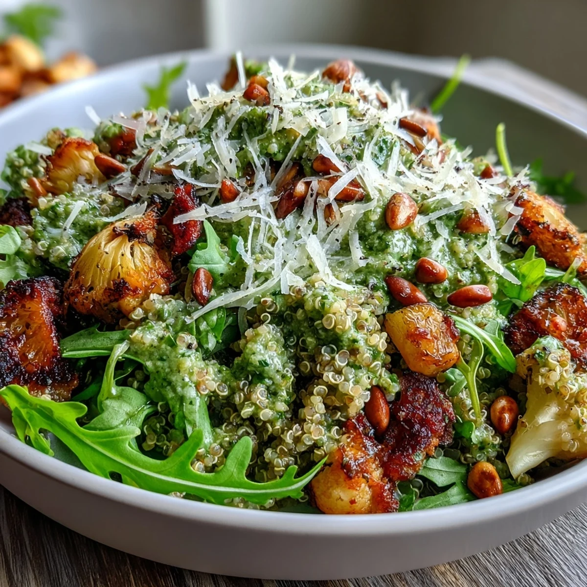 Close-up of an Arugula Pesto Bowl, highlighting fresh greens and golden roasted veggies in a grain bowl.