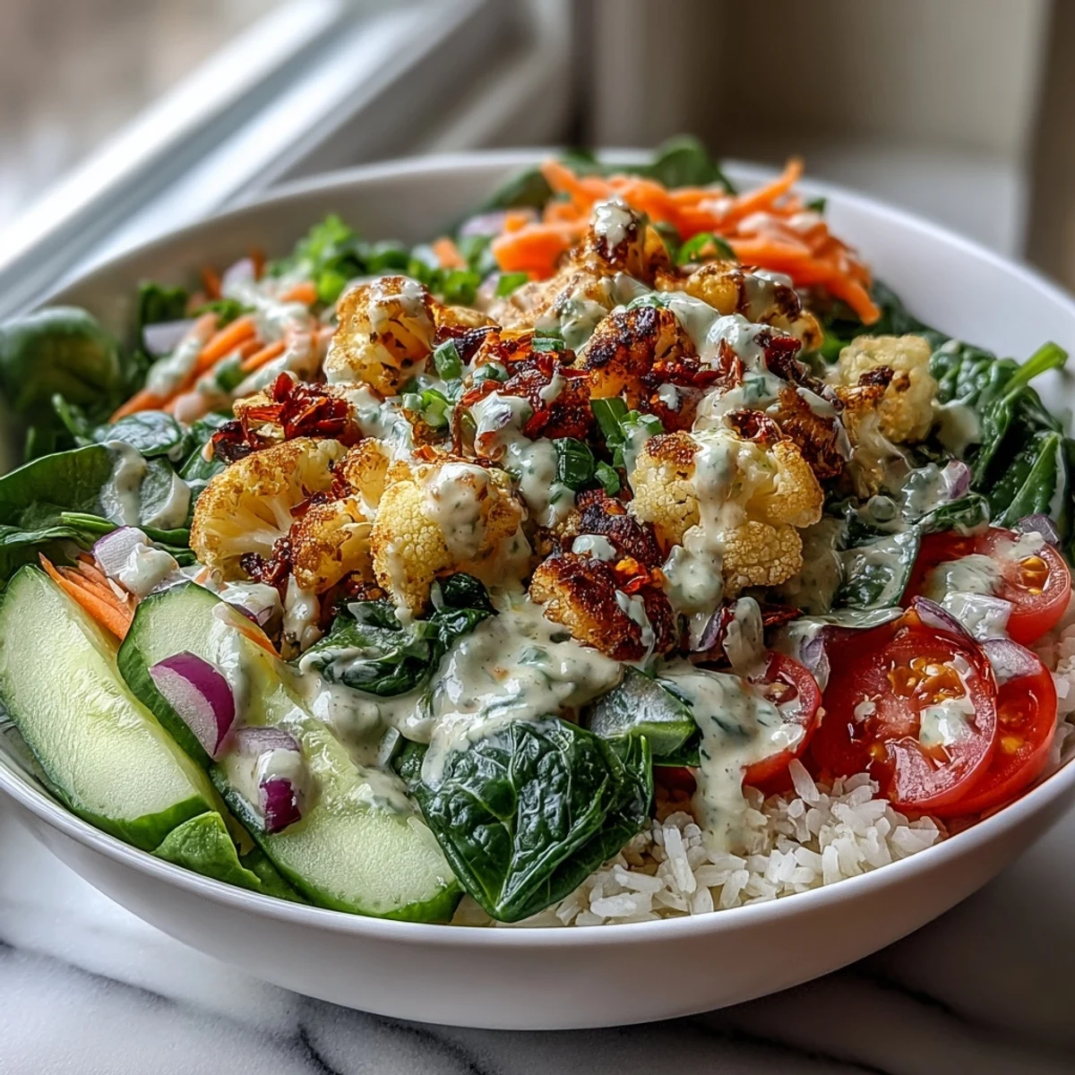 Golden herb-roasted cauliflower bowl with fluffy rice, vibrant cherry tomatoes, and cucumber, all drizzled with creamy tahini sauce.
