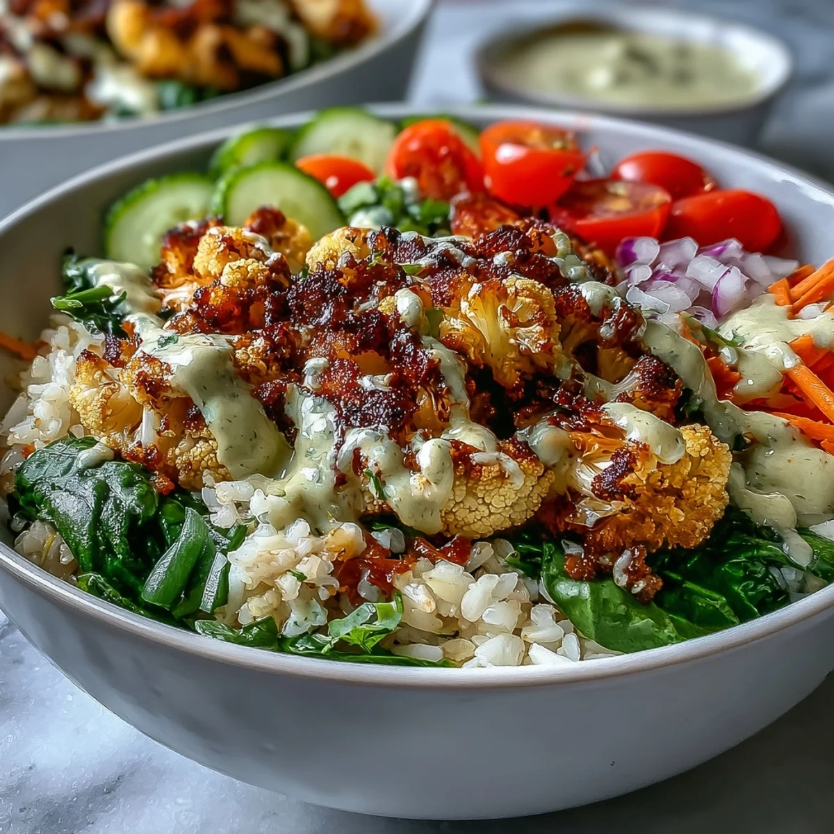 Bowl of roasted cauliflower and spinach on rice, topped with carrots, red onion, and a zesty lemon-tahini dressing.