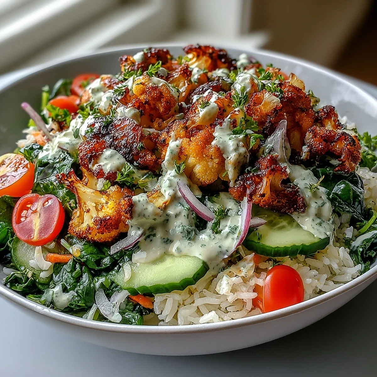 Plated roasted cauliflower bowl featuring colorful vegetables and fluffy rice, perfect for a healthy vegetarian dinner.