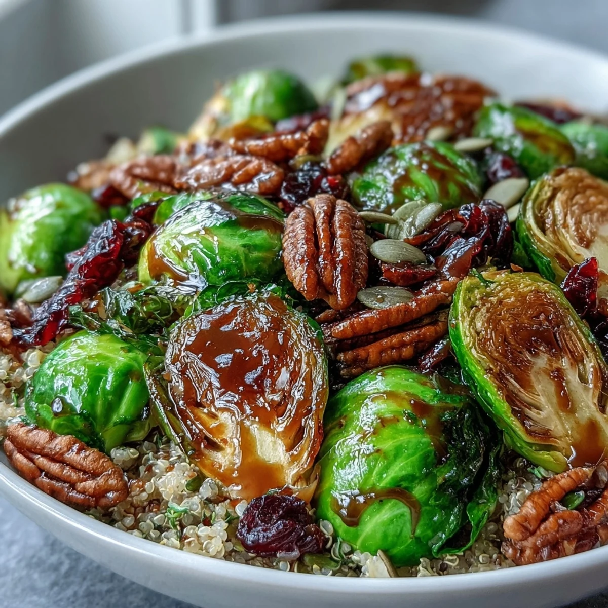 Golden roasted Brussels sprouts and red onions top a bed of fluffy quinoa in this savory bowl, ready to be drizzled with tangy balsamic dressing.