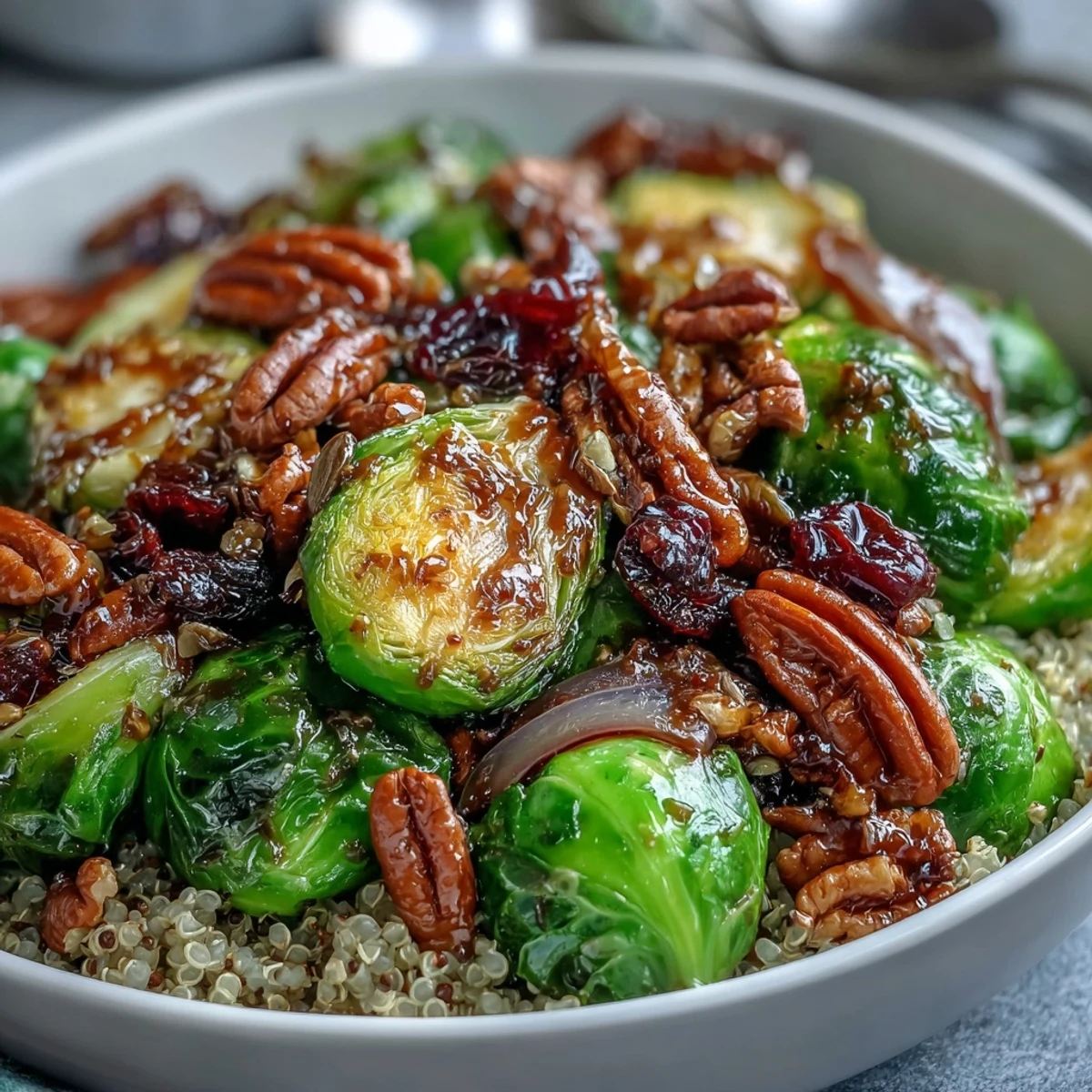 A nutritious Roasted Brussels Sprouts Bowl garnished with toasted pecans and dried cranberries, offering a wholesome vegan dinner idea for busy weeknights.