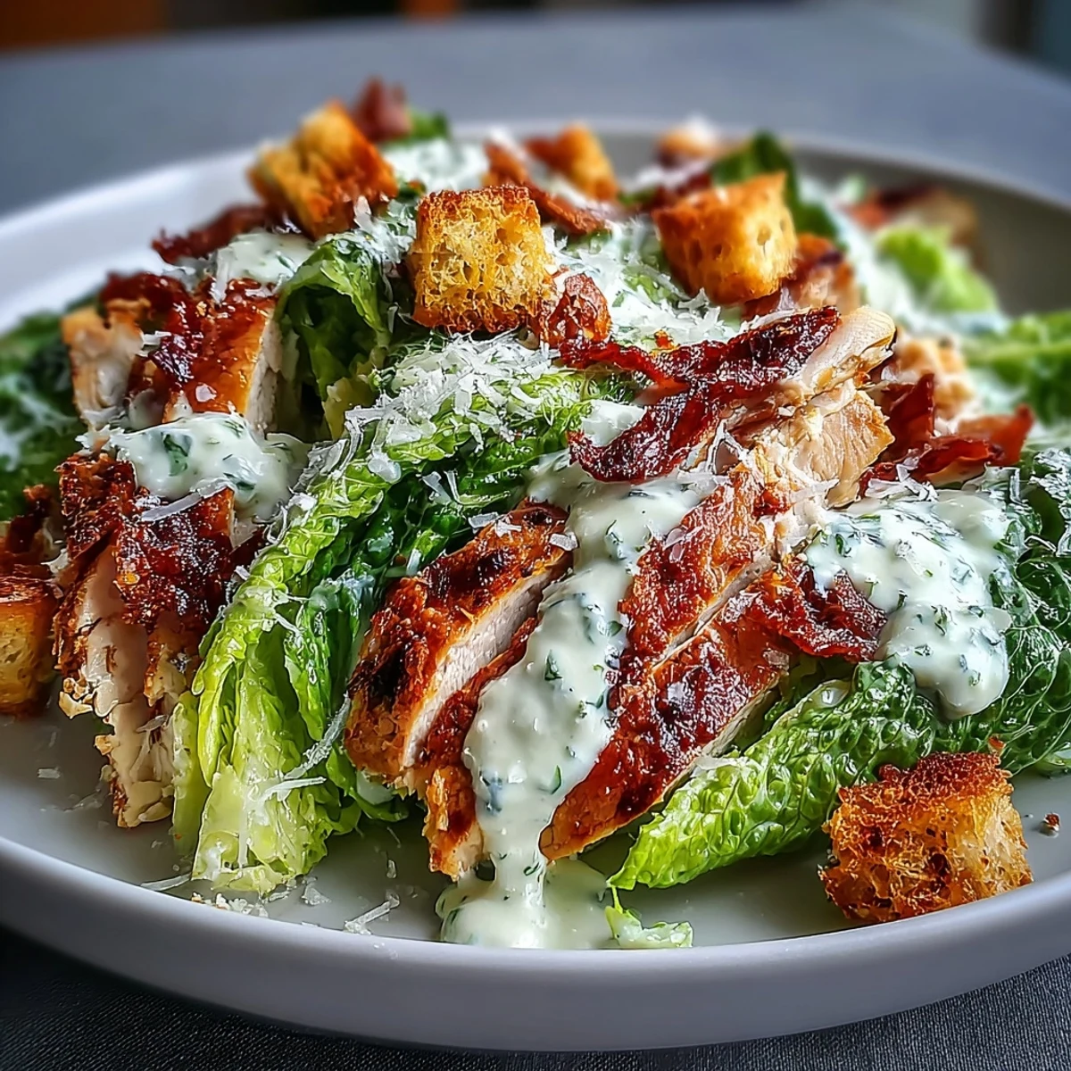 Hearty Romaine Caesar Bowl featuring crisp lettuce, rich Caesar dressing, golden croutons, and your choice of protein for a satisfying meal.