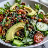 A close-up view of a vibrant Mixed Greens Power Bowl featuring chickpeas, shredded carrots, and toasted walnuts. 