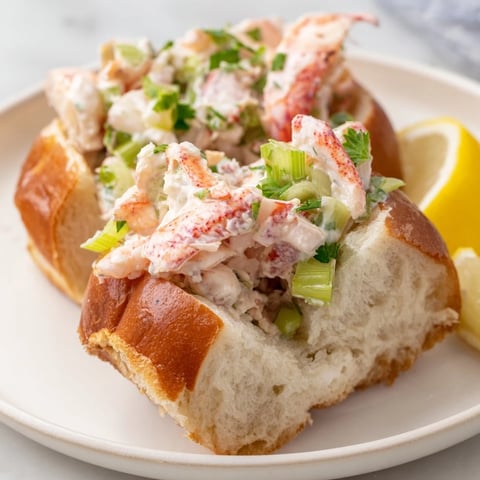 Golden, toasted brioche roll overflowing with sweet, succulent New England lobster roll filling.
