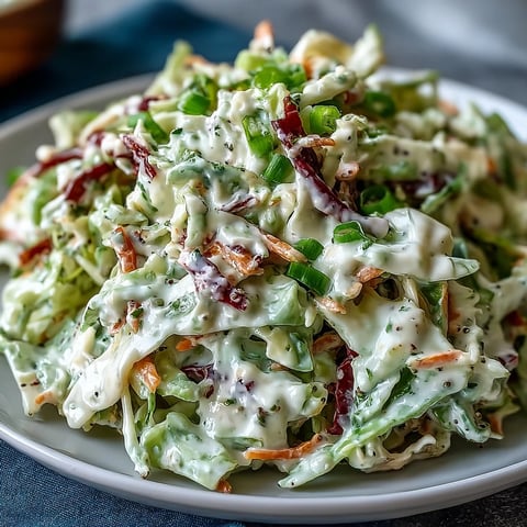 A close-up of the Best Cabbage Coleslaw, featuring vibrant green and purple cabbage shreds, grated carrots, and green onions coated in a creamy, tangy dressing, served in a rustic ceramic bowl.