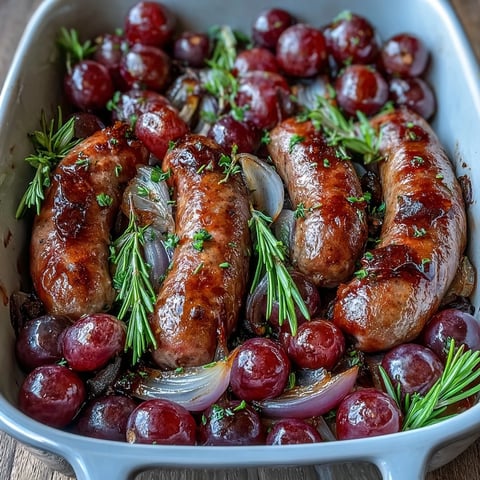 Golden roasted Italian sausages with caramelized red grapes and onion wedges, finished with fresh rosemary for a savory-sweet main dish.