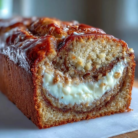 Freshly baked Cream Cheese Cinnamon Swirl Banana Bread cooling on a wire rack, revealing a moist crumb and rich, marbled cream cheese center.