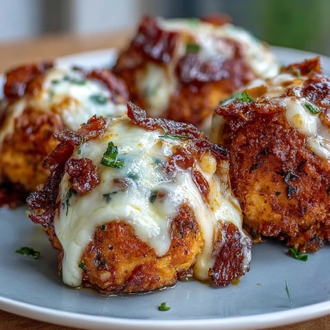 Golden-brown Buffalo Chicken Bacon Mozzarella Bombs, crispy panko coating with bubbly cheese pulling from a freshly fried bite.