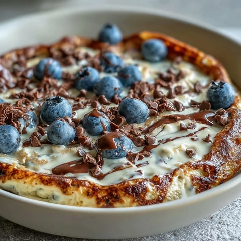 Freshly baked Baked Protein Pancake Bowl topped with vibrant blueberries and a drizzle of maple syrup, steaming in a ceramic ramekin.