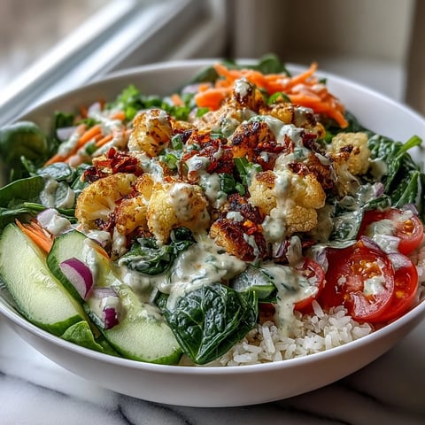 Golden herb-roasted cauliflower bowl with fluffy rice, vibrant cherry tomatoes, and cucumber, all drizzled with creamy tahini sauce.