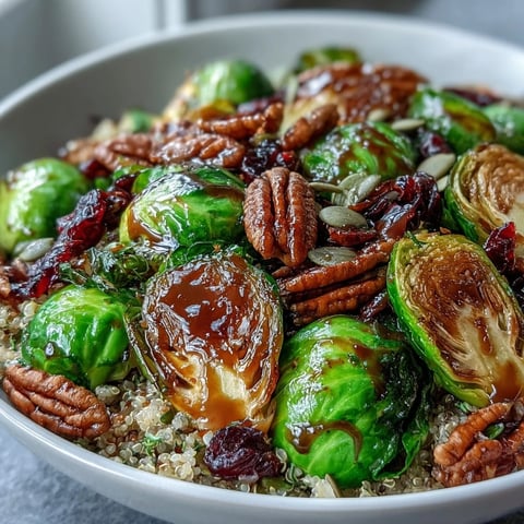 Golden roasted Brussels sprouts and red onions top a bed of fluffy quinoa in this savory bowl, ready to be drizzled with tangy balsamic dressing.
