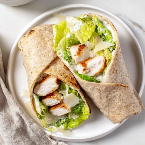 Grilled Chicken Caesar Wrap, beautifully assembled with vibrant greens, ready for a delicious bite.