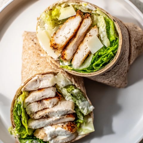 A fresh and inviting Chicken Caesar Wrap, filled with savory grilled chicken and creamy dressing.