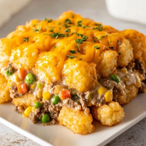 This classic Tater Tot Casserole features a creamy, cheesy interior with a crunchy tater tot crust.