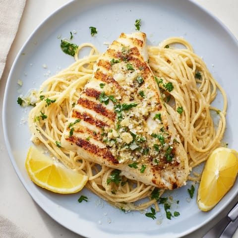 Lemon Bass Pasta dish featuring flaky white fish, zesty garlic notes, and a silky sauce on a rustic plate.  