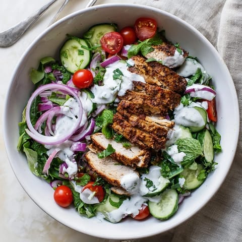Freshly sliced Chicken Shawarma Salad Bowl with vibrant herbs, red onion, and a cooling yogurt sauce for a light, zesty lunch.  