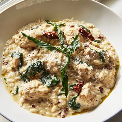 Golden chicken pieces and wilted spinach simmer in a creamy, cheesy sauce for this hearty and comforting Tuscan Chicken Orzo recipe.
