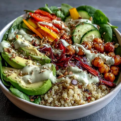 A wholesome vegetarian meal featuring fluffy quinoa, chickpeas, and colorful veggies arranged beautifully in a bowl.