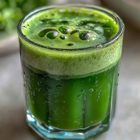 A tall glass of emerald green Cabbage and Kale Detox Juice, garnished with a fresh lemon slice, on a rustic wooden table.  