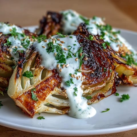 Golden-brown roasted cabbage wedges with charred edges, drizzled with creamy tahini sauce and sprinkled with sesame seeds and parsley.