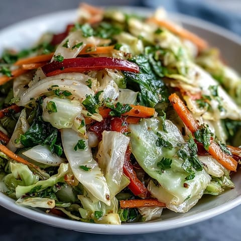 Hearty cooked and loved cabbage salad features tender cabbage, colorful peppers, and a bright herb dressing, ready to enjoy.  