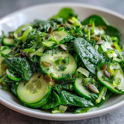A vibrant bowl of Glowing Green Salad features crisp greens, cucumber, and celery, tossed in a zesty lemon vinaigrette and topped with crunchy pumpkin seeds for a refreshing, healthy side.