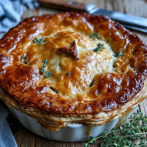 Sliced Chicken and Leek Pie reveals layers of savory bacon, sweet leeks, and rich sauce, served hot with mashed potatoes on the side.