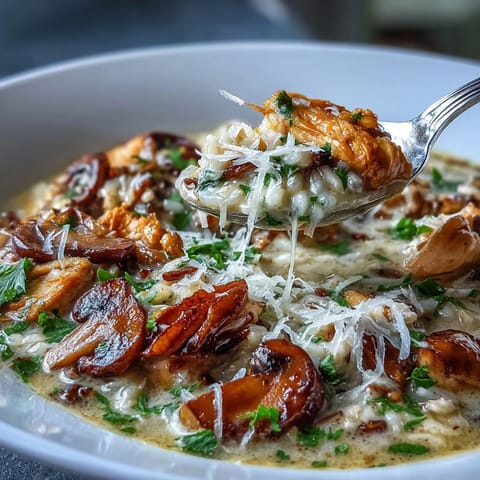 Creamy Parmesan Mushroom Chicken and Wild Rice Soup ladled into rustic bowls.