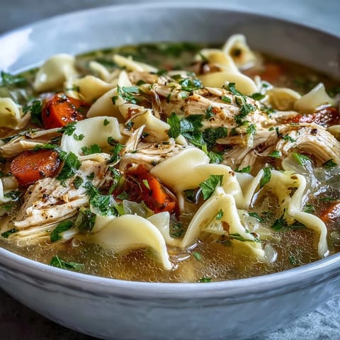 Steaming bowl of classic Chicken and Noodle Soup featuring wide egg noodles, fresh parsley, and lemon on the side.