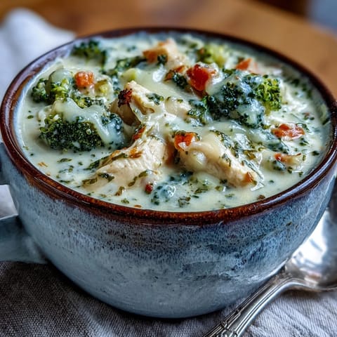A ladle lifts rich Best Chicken Broccoli Cheddar Soup from a pot, showcasing tender broccoli florets and diced chicken. 