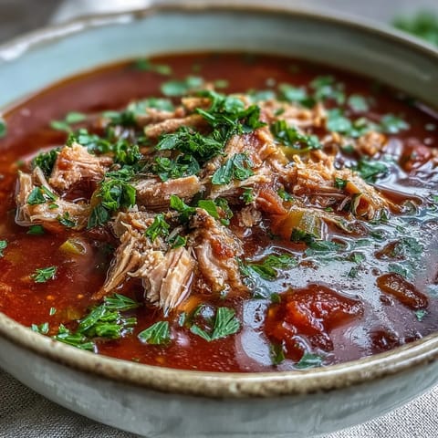 Tender tuna flakes and diced tomatoes swim in a rich, herb-scented broth.