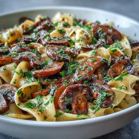 Hearty vegetarian mushroom stroganoff served in a white bowl, featuring a luscious miso sauce and plenty of savory mushrooms.