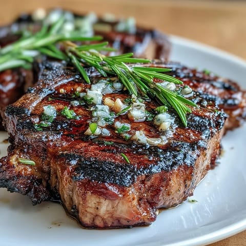 Succulent grilled bone-in rib eye steak served with tender asparagus and lemon wedges for a classic American steak dinner.
