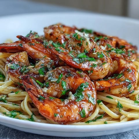 Tender pink shrimp mingle with fresh parsley and lemon wedges on a rustic plate.