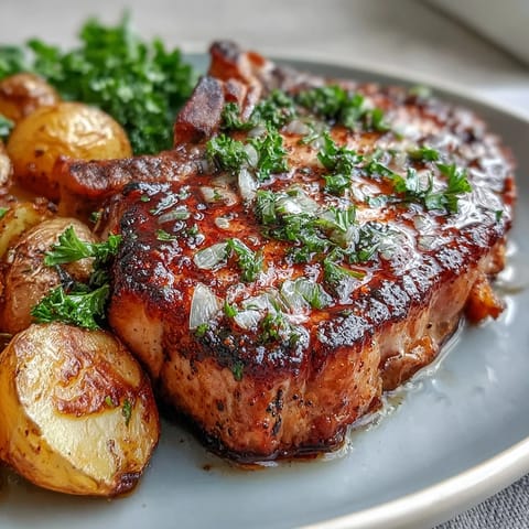 Golden-brown Aleppo pork chops and crispy roasted potatoes on a sheet pan, paired with sautéed greens for a complete meal.