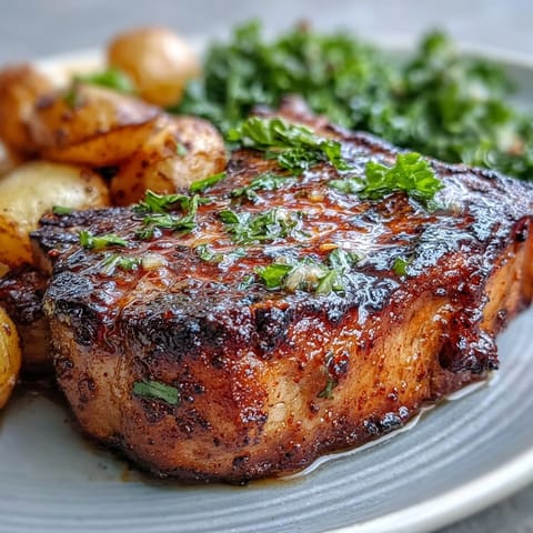 Juicy, spice-crusted pork chops with Aleppo pepper, surrounded by golden potatoes and wilted kale for a vibrant dinner.