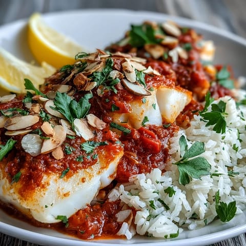 Tomato-Roasted Cod With Spiced Almonds flaked easily over ginger rice, garnished with parsley and lemon wedges for a vibrant, healthy main dish.
