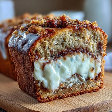 A thick slice of Cream Cheese Cinnamon Swirl Banana Bread is held up, showcasing the thick cream cheese filling and sweet cinnamon ribbon.