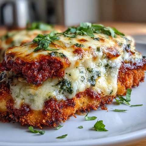 Golden-brown breaded chicken breasts baked with marinara sauce, melty mozzarella, and fresh basil pesto.
