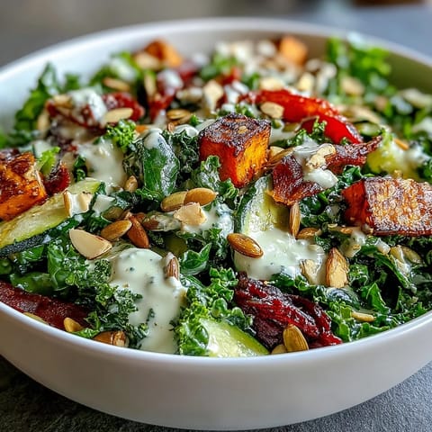 Vibrant Kale Salad Bowl with roasted sweet potatoes and red bell peppers next to creamy tahini dressing in a white bowl.