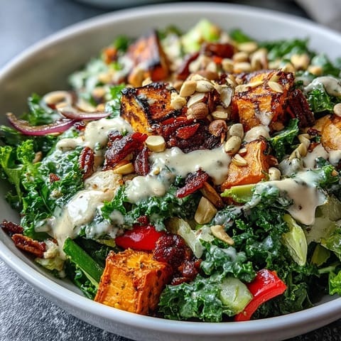 Massaged kale in a Kale Salad Bowl topped with crunchy almonds and pumpkin seeds, ready to serve as a healthy vegan main.