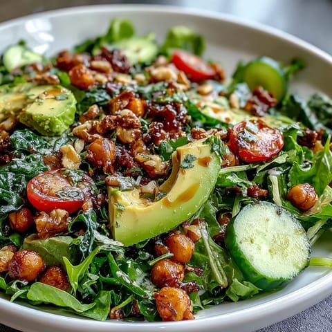 Fresh Mixed Greens Power Bowl topped with colorful cherry tomatoes, cucumber, and sliced avocado on a wooden table. 