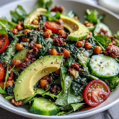 A close-up view of a vibrant Mixed Greens Power Bowl featuring chickpeas, shredded carrots, and toasted walnuts. 