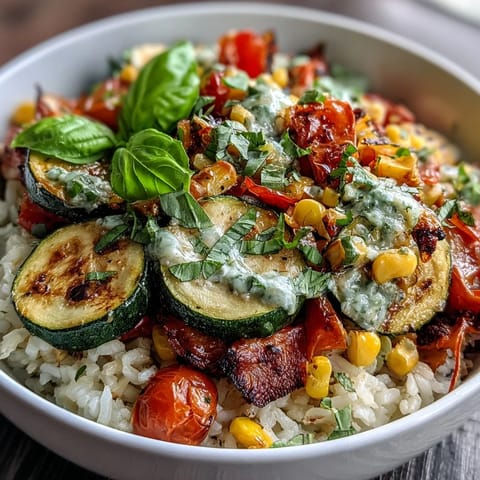 A vibrant Summer Vegetable Bowl with sautéed zucchini, bell peppers, and corn over fluffy rice, garnished with fresh basil.