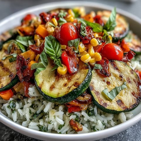 Spoon into a bowl of fluffy rice topped with colorful sautéed Summer Vegetable Bowl ingredients and fragrant basil.