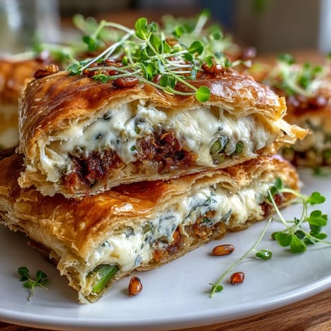 Golden puff pastry tart topped with vibrant spring asparagus, creamy Gruyère cheese, and fresh herbs, perfect for a light vegetarian meal.